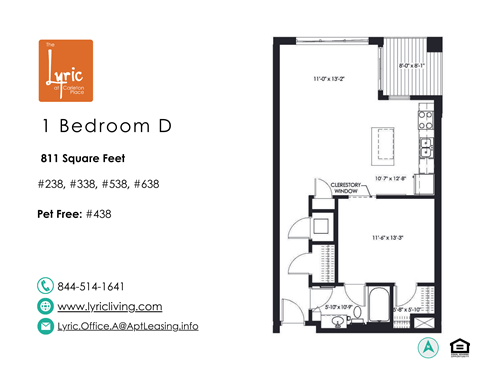 Floor plan for 1 bed, 1 bath, 811 sqft